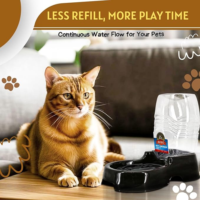 Flexzion Automatic Pet Water Dispenser - Self-Filling Cat & Dog Gravity Water Bowl, 3/8 Gallon (1.5L) Black Auto Cat Water Dispenser, Non-Skid & Easy-Clean Dog Water Feeder
