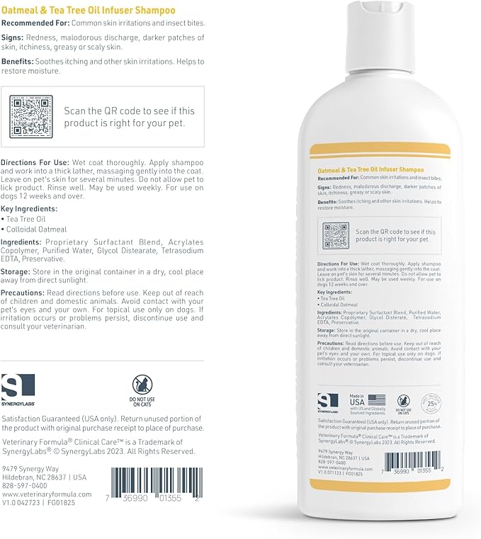 Veterinary Formula Clinical Care Dog Shampoo with Oatmeal and Tea Tree Oil, 16 oz – Gentle Shampoo for Dogs with Dry Skin, Soothes and Adds Moisture to Skin and Coat