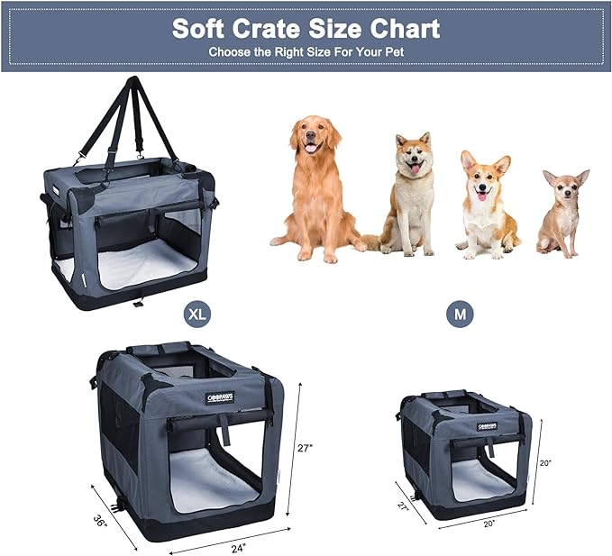 JESPET 36'' Soft Pet Crates Kennel, 3 Door Soft Sided Folding Travel Pet Carrier with Straps and Fleece Mat for Dogs, Cats, Indoor/Outdoor Use with Black (36" L x 24" W x 27" H, Grey)