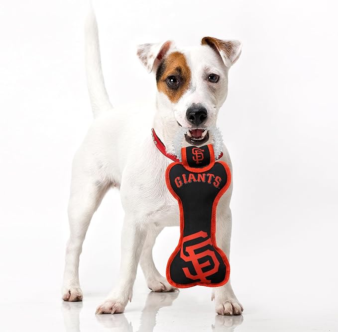 MLB San Francisco Giants Bone Shaped DENTAL DOG TUG TOY with SQUEAKER. TOUGH PET TOY for Healthy Fun, Teething, and Cleaning pet's teeth and gum.