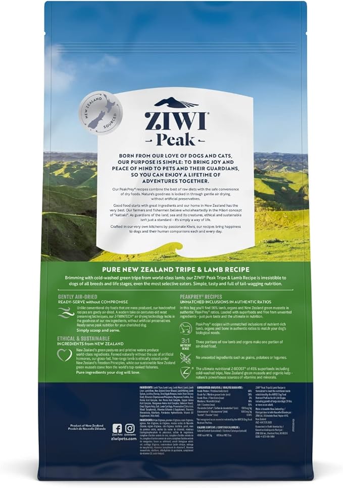 ZIWI Peak Air-Dried Dog Food – All Natural, High Protein, Grain Free & Limited Ingredient with Superfoods (Tripe & Lamb, 5.5 lb)