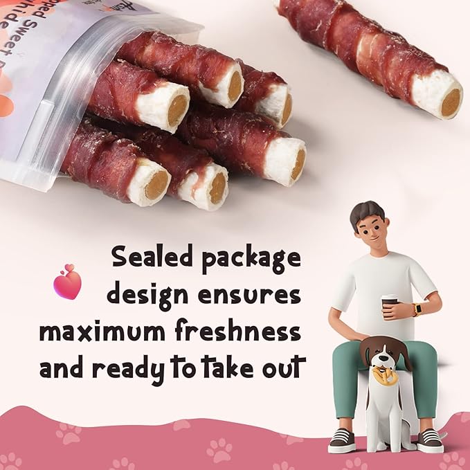ASMPET Dog Treats Duck Wrapped Rawhide Sweet Potato Stick, Long Lasting Dog Chew Cowhide Treats, Grain Free Teeth Cleaning Dog Treats for Medium Large Dogs, 6 Pieces
