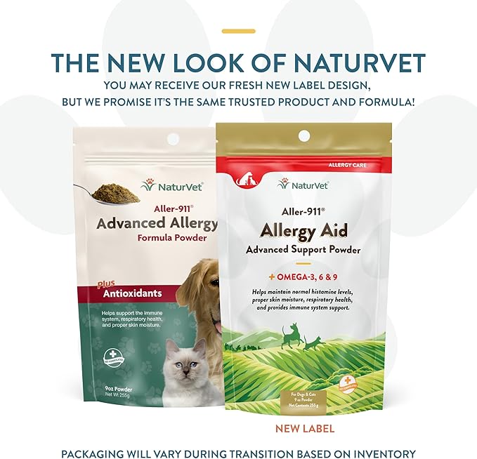NaturVet Aller-911 Advanced Allergy Aid Formula Powder Plus Antioxidants for Dogs and Cats, 9 oz Powder, Made in The USA