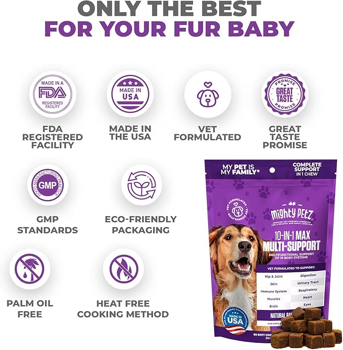 Mighty Petz MAX Dog Multivitamin - Senior & Adult Dog Vitamins 10 in 1 Complete Support for Joints, Immunity, Mobility, Gut, Energy, Skin Health. Daily Pet Chewable Supplement