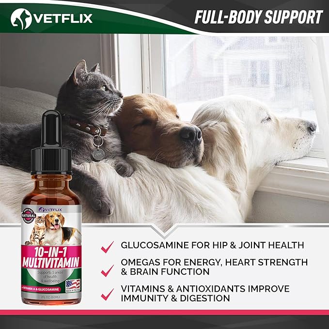 Pet Vitamins 10-in-1 Made in USA - Natural Glucosamine for Dogs & Cats, Essential Multivitamin Blend for Pet Joint Health, Longevity, Gut & Immune Health - All Ages, Breeds and Sizes 2 fl oz