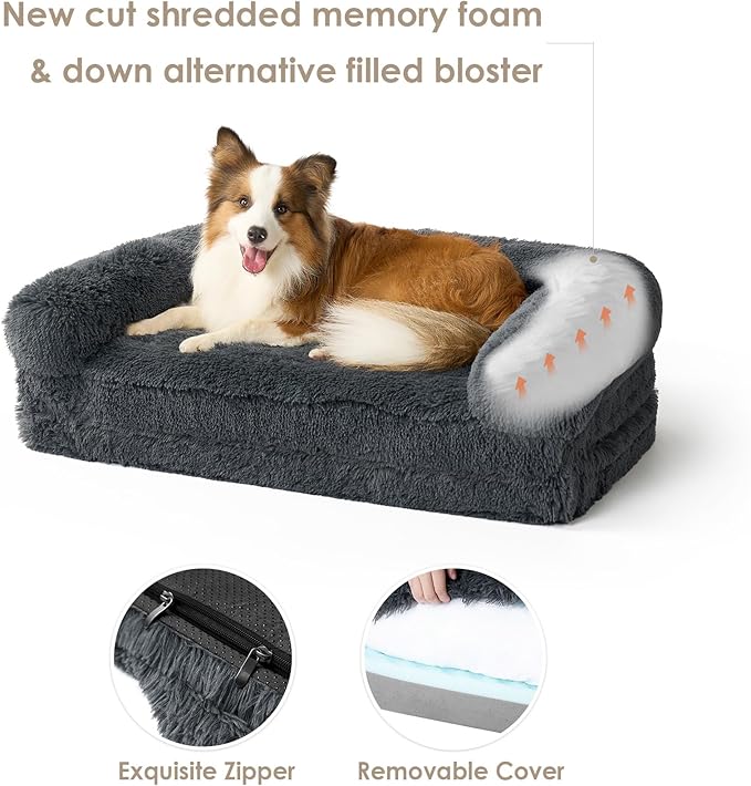 EHEYCIGA Foldable XXL Dog Bed, Faux Fur Fluffy Dog Bed for Extra Large Dogs, Orthopedic Calming Memory Foam Big Dog Couch Bed, Washable Soft Dog Sofa Bed with Non-Slip Bottom, Dark Grey, 54"x38"x8.5"