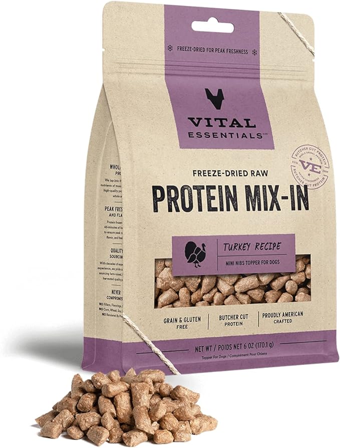 Vital Essentials Freeze Dried Raw Protein Mix-in Dog Food Topper, Turkey Mini Nibs Topper for Dogs, 6 oz