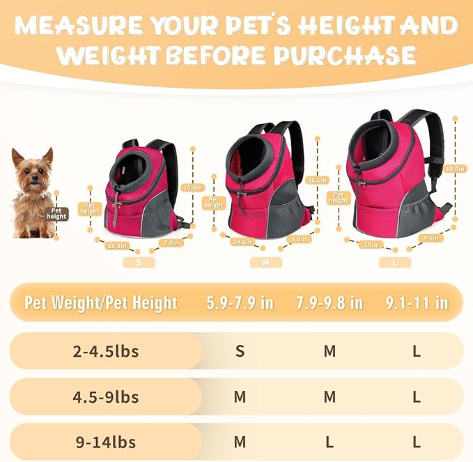 YUDODO Pet Dog Backpack Carrier with Storage Pockets Dog Front Pack for Small Dogs Cats Head Out Breathable Chihuahua Backpack for Hiking Cycling Walking (M(4.5-9lbs), Rose)