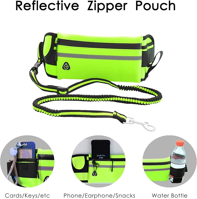 Hands Free Dog Leash, Green Dogs Leash Hands Free for Small Large Dogs with Waterproof Zipper Pouch Reflective Durable Adjustable Waist Belt with Handle Bungee for Dog Walking Jogging