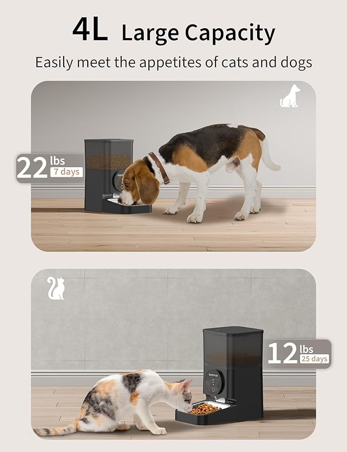 Automatic Dog Feeder, 4L Large Capacity Dry Food Pet Feeder 1-10 Meals Timed Dog Food Feeder Cat Food Dispenser, Stainless Steel Food Bowl/Dual Power/Anti-Blockage Auto Feeder Indoor Outdoor (Black)
