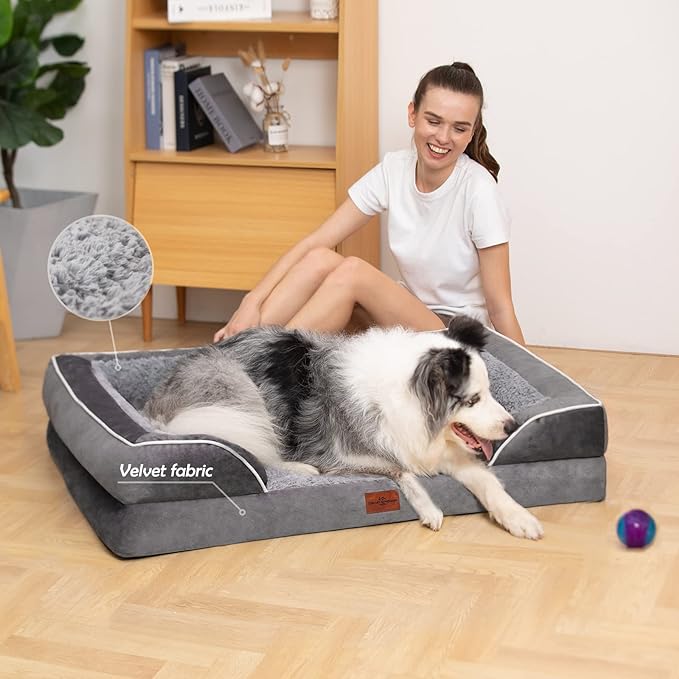 Waterproof Orthopedic Foam Dog Beds for Extra Large Dogs, XL Dog Bed with Bolster, Washable Dog Bed Sofa Pet Bed with Removable Cover & Non-Slip Bottom(X-large,Grey)