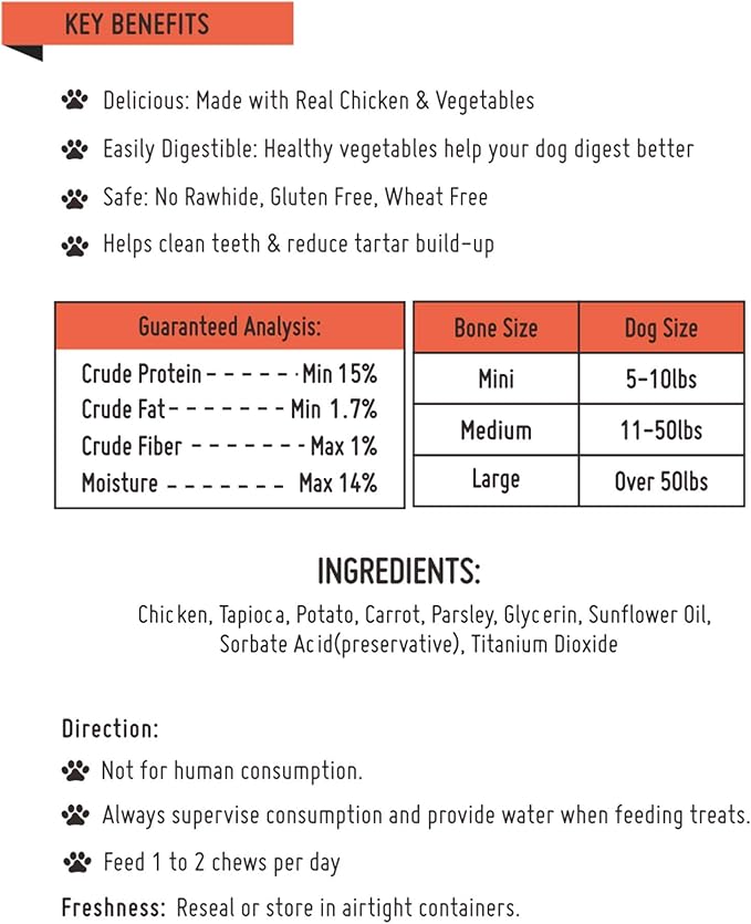 Chicken Dog Chew Bones Medium, Rawhide Free, Grain Free, Made with Real Chicken & Wholesome Vegetables, Knotted Bones Medium 5pcs/pack