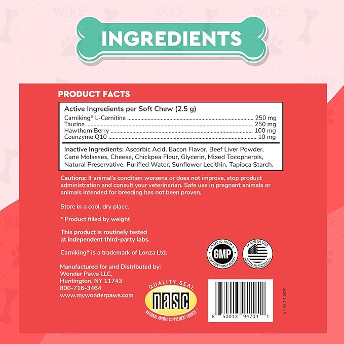 Cardio Support for Dogs – Cardiovascular Chews Heart Health, Circulation, Energy & Weight Management - with L-Carnitine, Hawthorn Berry, Coenzyme Q10 & Taurine for Dogs – 90 Soft Chews