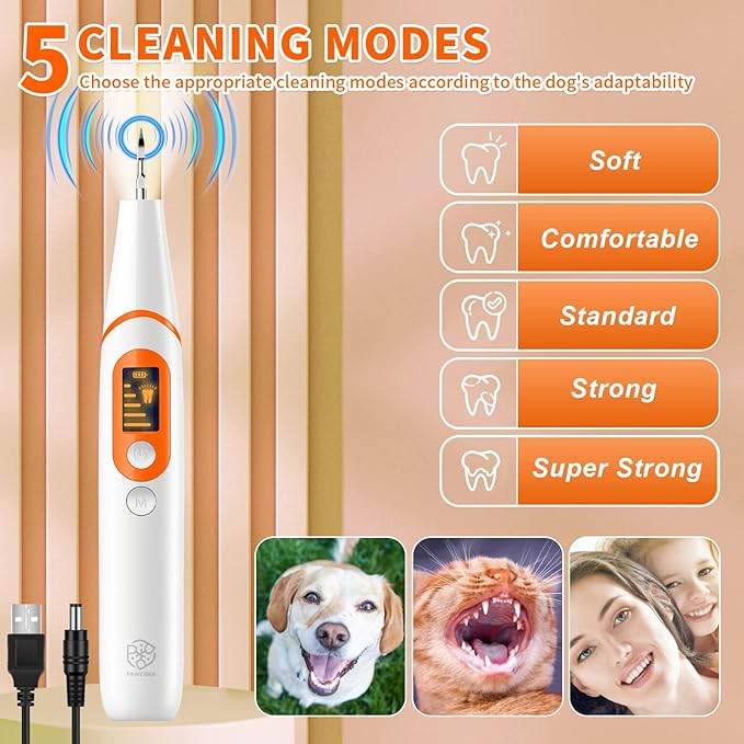 PAWZIDEA Ultrasonic Dog Tooth Cleaner 42kHz, Dog Plaque Remover for Teeth, Intelligent Tartar Remover for Dog Teeth Cleaning Kit, Canine/Cat Sonic Toothbrush Scaler Dental Care Tool, LED, Rechargeable