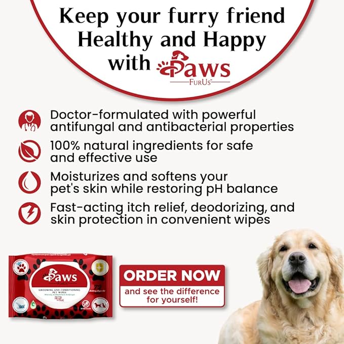 PawsFurUs® All-Natural Pet Wipes for Dogs & Cats - Doctor-Formulated for Total Pet Care with Antifungal & Antibacterial Protection, pH Balancing, Moisturizing, Deodorizing & Fast Itch Relief - 72ct.
