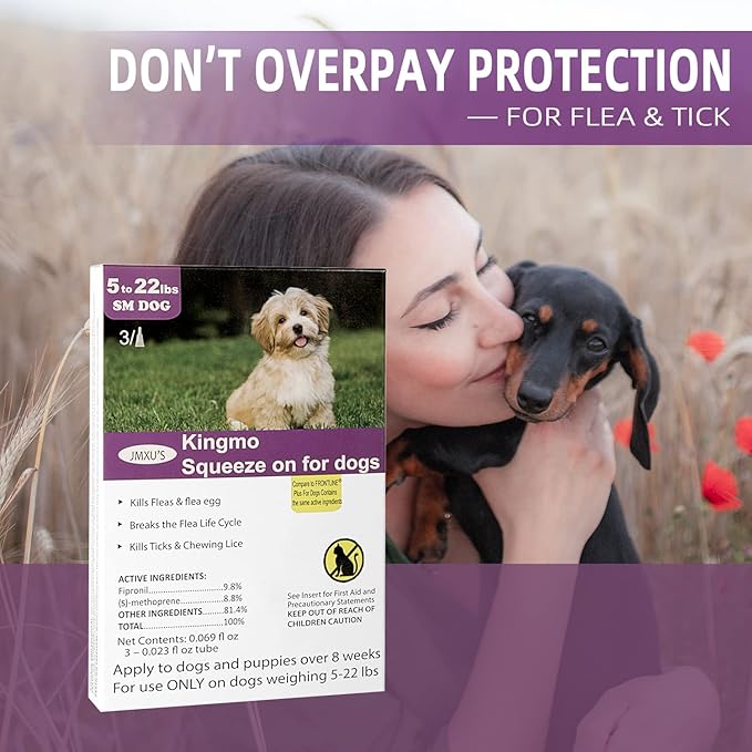 Flea and Tick Prevention for Dogs, Dogs Flea & Tick Treatment with Fipronil, Long-Lasting & Fast-Acting Topical Flea & Tick Control Drops (6 Dose, 5-22lbs)