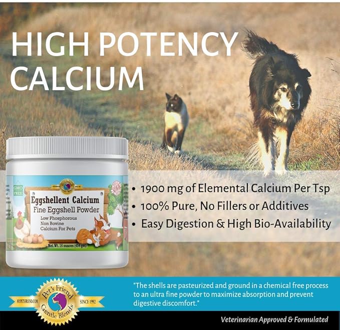 Pet's Friend Eggshellent Calcium 16 oz - Fine Eggshell Powder Calcium Supplement for Dogs and Cats, Low Phosphorous Non-Bovine Ingredients, Nourish Muscles, Joints, and Bones, Tasty Food Additive