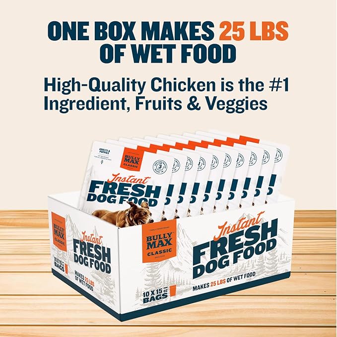 Bully Max Instant Fresh Wet Dog Food - Nutrient-Rich Dehydrated Raw Dog Food with Natural Chicken Recipe - 10 Bags of 15 oz Pouches, Wet Dog Food Alternative - Makes 25 lbs. of Wet Food