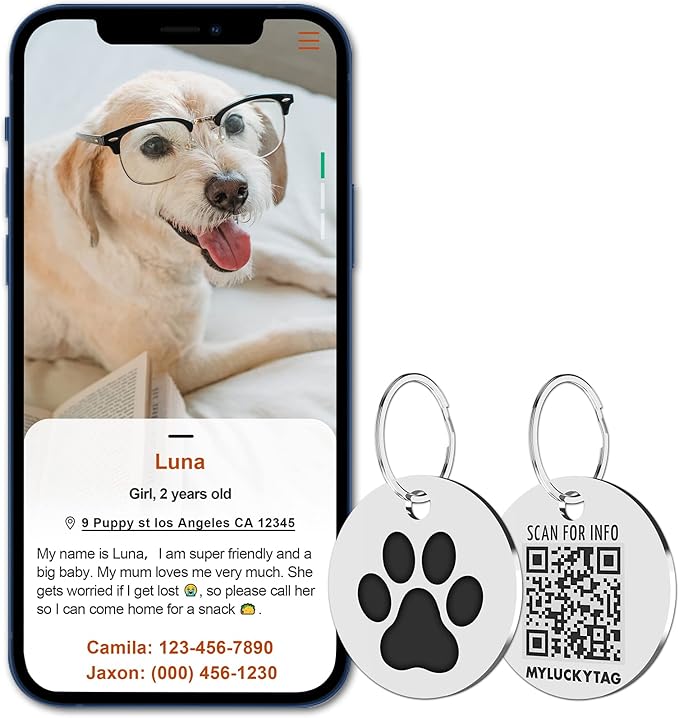 MYLUCKYTAG Stainless Steel QR Code Pet ID Tags Dog Tags - Pet Online Profile - Scan QR Receive Instant Pet Location Alert Email