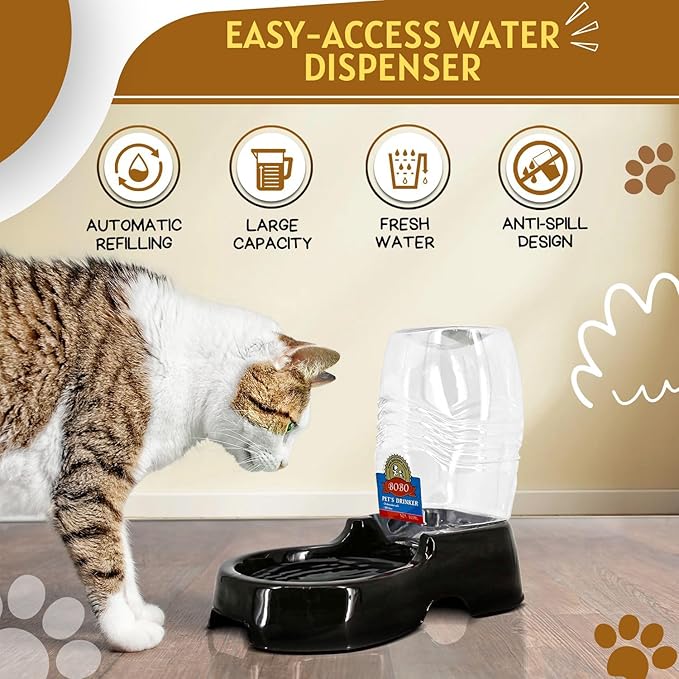 Flexzion Automatic Pet Water Dispenser - Self-Filling Cat & Dog Gravity Water Bowl, 3/8 Gallon (1.5L) Black Auto Cat Water Dispenser, Non-Skid & Easy-Clean Dog Water Feeder
