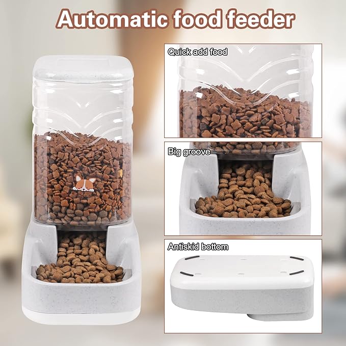Automatic Dog Cat Gravity Feeders Water Bowl Dispenser Cat Water Fountain Large Capacity 3.8L,1 Gallon Large Capacity for Small Medium Pets (Grey)