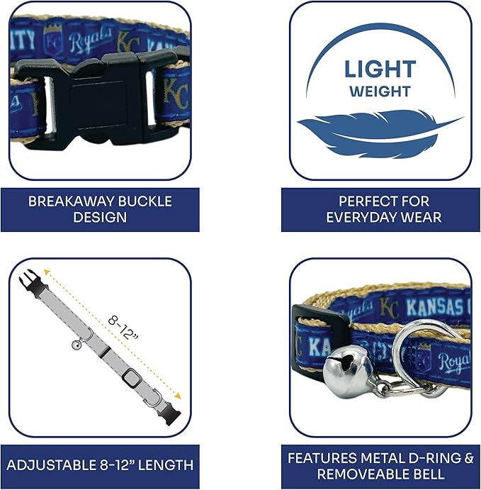 MLB CAT Collar Kansas City Royals Satin Cat Collar Baseball Team Collar for Dogs & Cats. A Shiny & Colorful Cat Collar with Ringing Bell Pendant