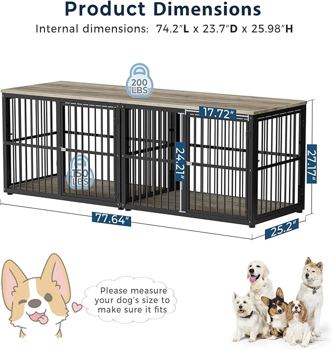 77.64''Dog Crate Furniture Large Breed TV Stand with Double Rooms,Wooden Dog Kennel Dog Crate End Table with Removable Divider for Large Medium Dogs, Can Use Separately