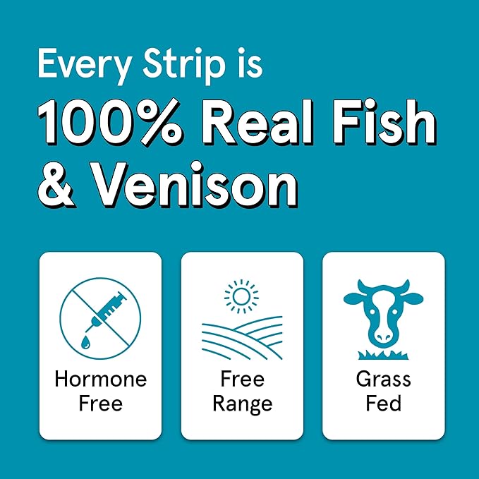 Real Meat Fish & Venison Jerky Dog Treats - 8 Air-Dried Strips of Jerky Treats for Dogs - Grain-Free Jerky Treats Dog Snacks with 95% Human-Grade, All-Natural, Free-Range Venison & Ocean-Caught Fish