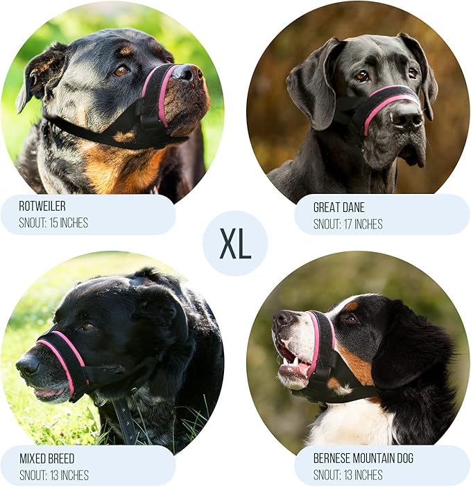 Gentle Muzzle Guard for Dogs - Prevents Biting and Unwanted Chewing Safely - New Secure Comfort Fit - Soft Neoprene Padding - No More Chafing - Training Guide Helps Build Bonds with Pet (XL, Pink)