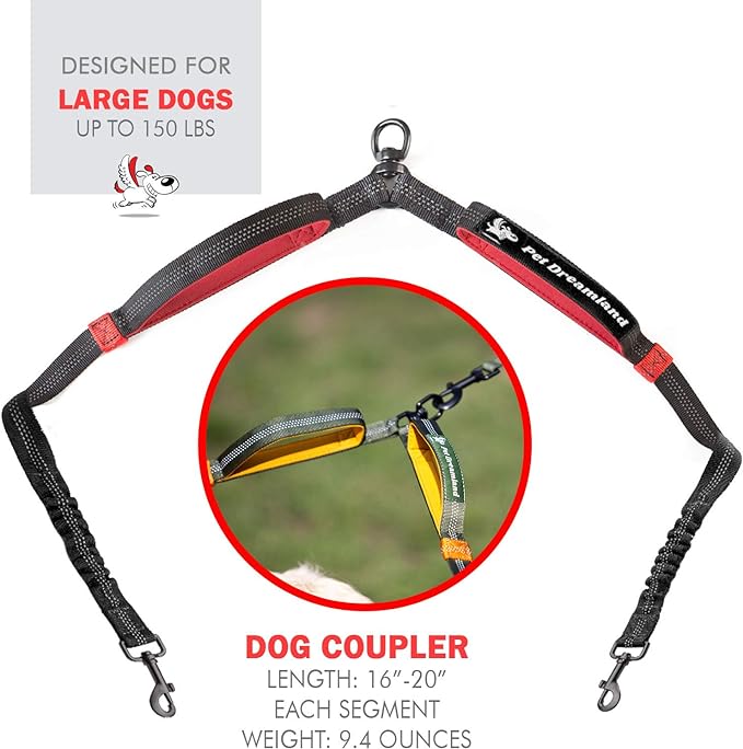 Exquisite Two Dog Leash Splitter | Double Dog Leash for Large Dogs Heavy Duty | No Tangle 2 Dog Leash Coupler | Dual Dog Leash Attachment | Retractable Dual Leashes for 2 Dogs