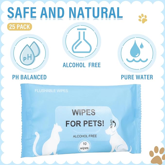 25 Pack 250 Count Dog Wipes for Paws and Butt, Unscented Portable Pet Wipes Soft Dog Grooming Wipes for Puppy Cats Ear, Skin, Eye, Face and Body Skin Cleaning Deodorizing, Outdoor Travel Use
