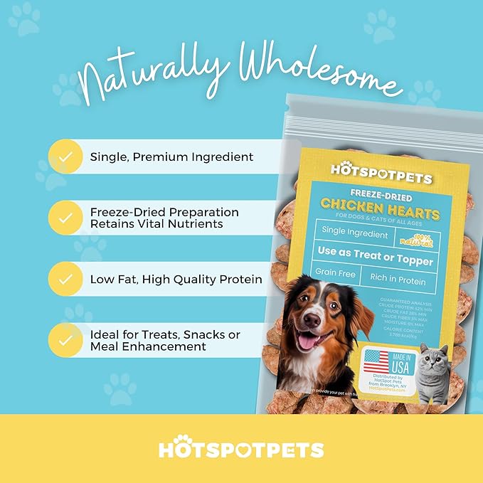 hotspot pets Freeze Dried Chicken Hearts for Cats & Dogs - 1LB BIG BAG -Resealable Bag- Single Ingredient All Natural Grain-Free - Made in USA - Perfect for Training, Topper or Snack (Chicken Hearts)