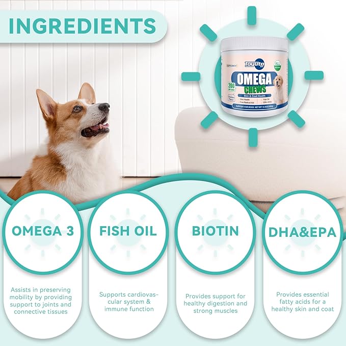 Omega-3 Multivitamin Skin and Coat Supplement for Dogs Omega 3 Fish Oil Supplement, Supports Shedding, Skin & Coat, Immunity, EPA,DHA- 300g(200 Chews)
