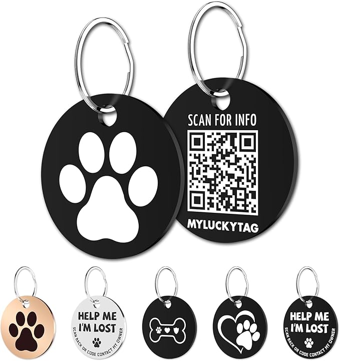 MYLUCKYTAG Stainless Steel QR Code Pet ID Tags Dog Tags - Pet Online Profile - Scan QR Receive Instant Pet Location Alert Email