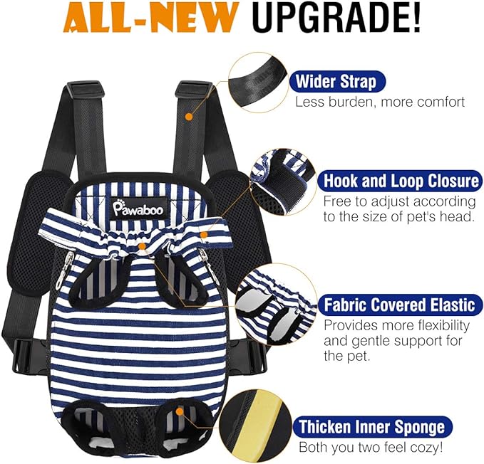 Pawaboo Pet Carrier Backpack, Adjustable Pet Front Cat Dog Carrier Backpack Travel Bag, Legs Out, Easy-Fit for Traveling Hiking Camping for Small Medium Dogs Cats Puppies, Medium, Blue & White Stripes