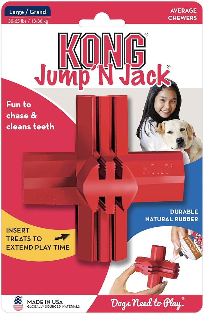 KONG Jump'N Jack - Dog Toy for Chewing Instincts- Natural Rubber Toy Promotes Dental Health - Use with Dog Treats or Peanut Butter for Extended Entertainment - for Large Dogs