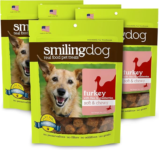 Herbsmith Smiling Dog Treats - Soft and Chewy Dog Treats for Senior Dogs - Dog Training Treats Turkey, Flax, and Cranberry Treats for Dogs - Bundle of 4