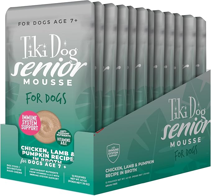 Tiki Dog Senior Mousse Wet Dog Food, Chicken, Lamb & Pumpkin Recipe, 3.5 oz. Pouch (12 Count)