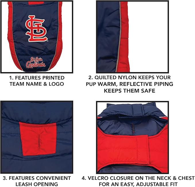 MLB St Louis Cardinals Puffer Vest for Dogs & Cats, Size Large. Warm, Cozy, and Waterproof Dog Coat, for Small and Large Dogs/Cats. Best MLB Licensed PET Warming Sports Jacket