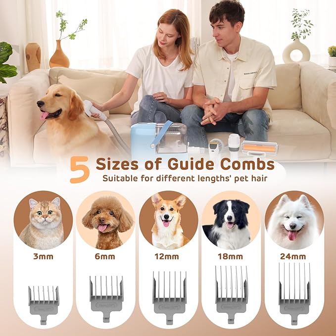 Dog Grooming Vacuum Kit, 3L Pet Grooming Vacuum with 7 Pet Grooming Tools, Dog Vacuum for Shedding Grooming at Home with Low Noise Electric Clipper and Brush, Blue