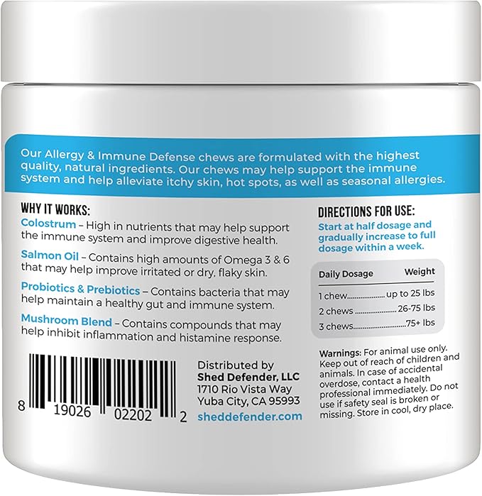 Shed Defender All Natural Allergy Relief & Probiotics Soft Chew Supplements for Dogs - Veterinarian Formulated Anti Itch & Hot Spots Omega 3 Fish Oil, Colostrum - 90 ct.