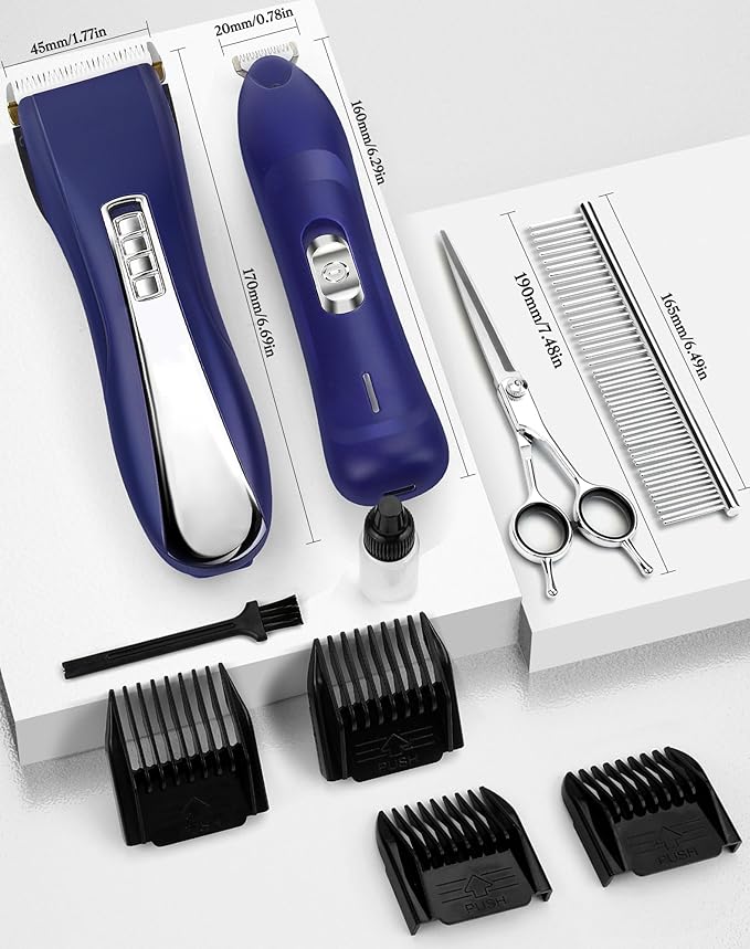 2 in 1 Dog Grooming Kit, Low Noise Dog Clippers for Thick Heavy Coats, Professional Cordless Dog Paw Trimmer with LED Light, USB Rechargeable Pet Hair Shaver for Small & Large Dogs Cats Pets