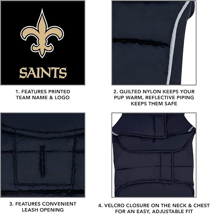 NFL New Orleans Saints Puffer Vest for Dogs & Cats, Size Large. Warm, Cozy, and Waterproof Dog Coat, for Small and Large Dogs/Cats. Best NFL Licensed PET Warming Sports Jacket