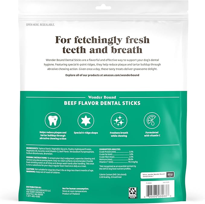 Amazon Brand - Wonder Bound Beef Flavor Dental Sticks for Tiny Dogs (5-20 lbs), 6-Ridge Shape for Plaque & Tartar Control, Freshens Breath, Formulated with Vitamin C, 108 Count (Pack of 1)