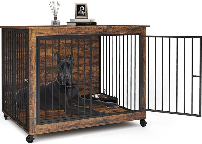 44 Inch Large Wooden Dog Crate Furniture with 180° Rotatable Bowl, Brown Multi-Functional Dog Crate End Table with Wheels, Furniture Dog Crate for Large Dogs with Flip-up Top Opening