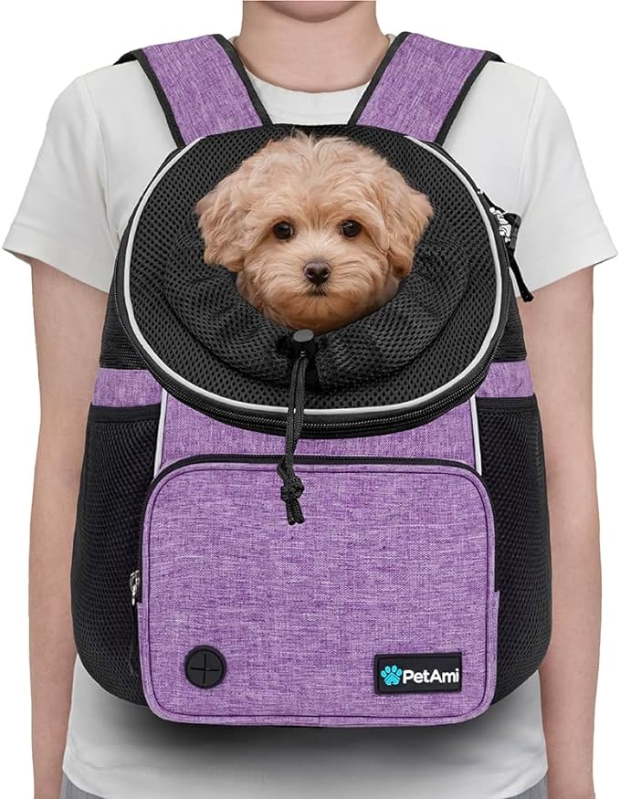 PetAmi Dog Front Carrier Backpack, Adjustable Dog Pet Cat Chest Carrier Backpack, Ventilated Dog Carrier for Hiking Camping Travel, Small Medium Dog Puppy Large Cat Carrying Bag, Max 15 lbs, Purple