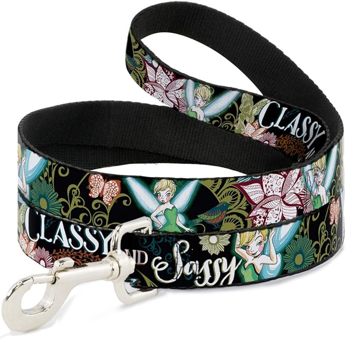 Buckle-Down Pet Leash - Tinker Bell Floral Collage CLASSY AND SASSY - 6 Feet Long - 1" Wide