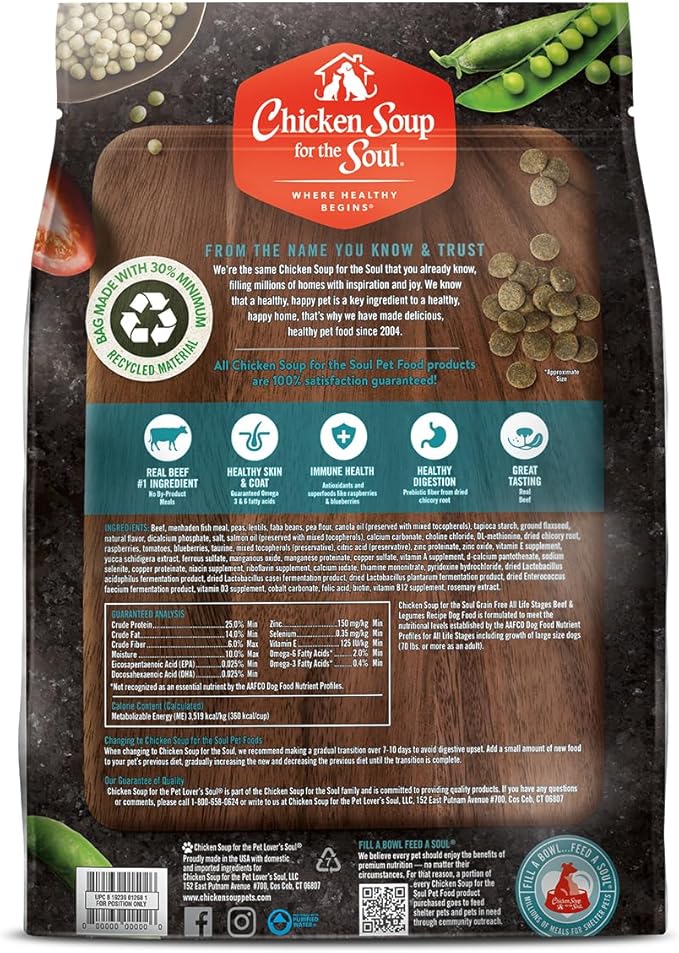 Chicken Soup for the Soul Pet Food Grain-Free Dry All Stages Dog Food, Beef & Legumes Recipe, 25 Pound Bag | Soy, Corn & Wheat Free, No Artificial Flavors or Preservatives