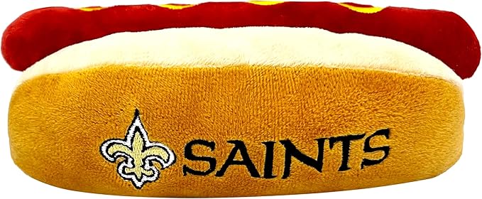 Pets First NFL New Orleans Saints HOT Dog Plush Dog & CAT Squeak Toy - Cutest HOT-Dog Snack Plush Toy for Dogs & Cats with Inner Squeaker & Beautiful Football Team Name/Logo 8 x 5 x 3 Inches
