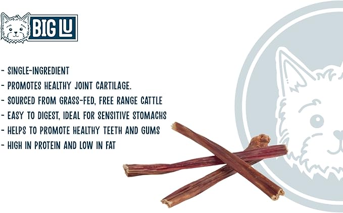 Big Lu - Jerky Gullet Stick Dog Chews, Premium 100% Beef, All-Natural Dog Treats, Rich in Glucosamine and Chondroitin for Joint Health, 6-Inch Sticks (12 Sticks)